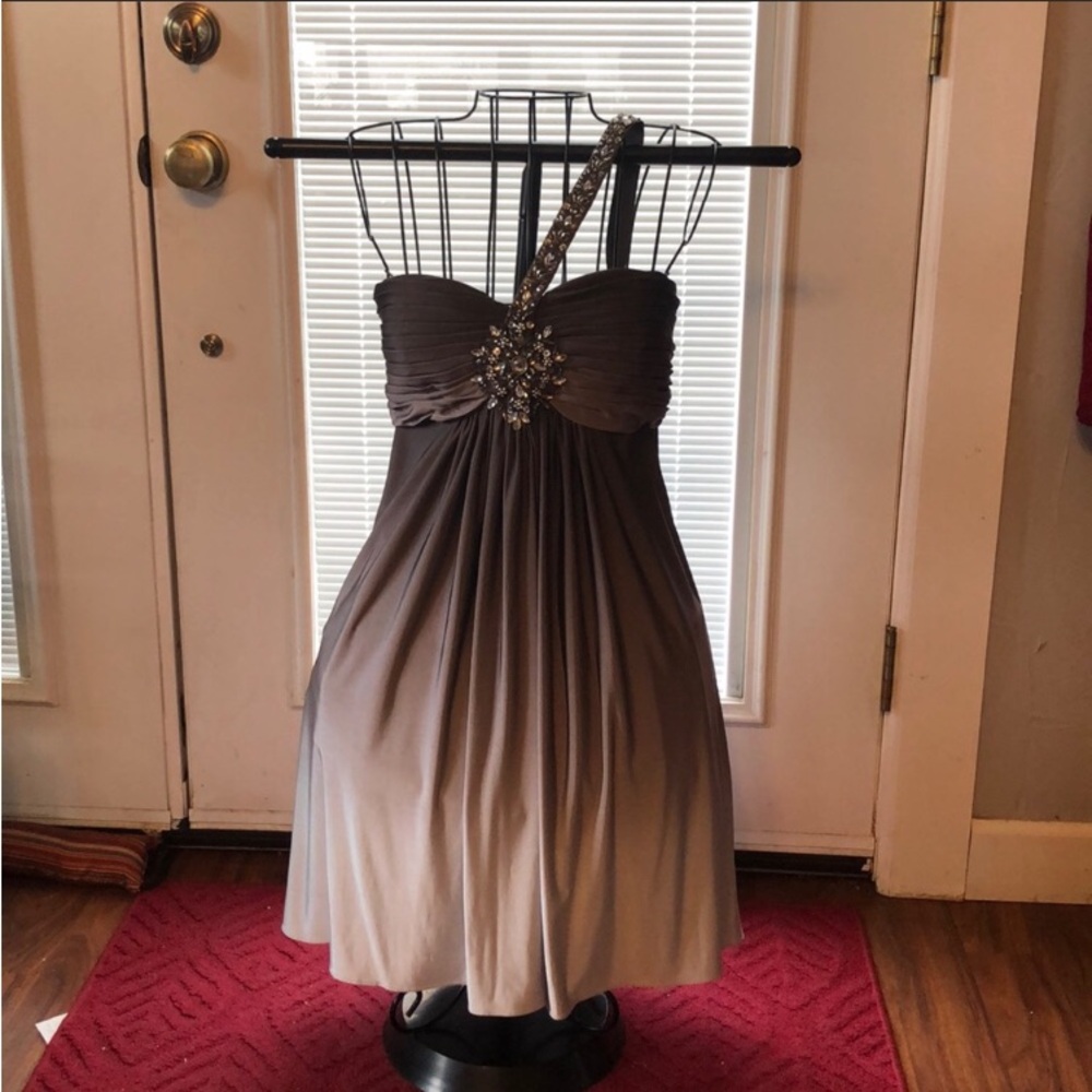 Xscape Brown and Gray Embellished One-Shoulder Babydoll Dress
